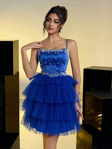Elegant Luxury Sapphire Blue Satin Contrast Mesh Tulle Beaded Ruffle Maxi Dress, Suitable For Weddings, Single Party, Vacation, Banquets