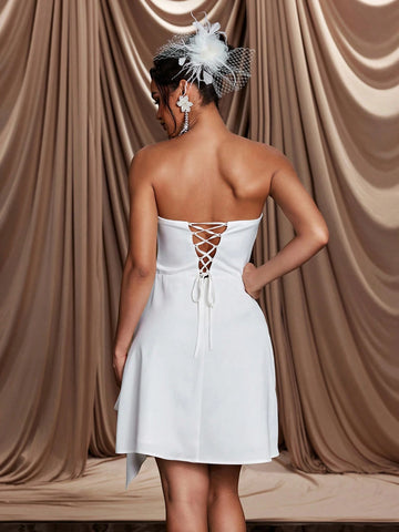 Elegant Luxury Strapless 3D Floral Draped A-Line Dress, Suitable For Wedding, Party, Bachelorette, Vacation, Ball Gown, Bridal Gift