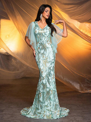 Elegant Mint Green Gorgeous Positioning Sequins V-Neck Mesh Splicing Irregular Ruffle Bat Sleeve High Waist Slim Long Trailing Fishtail Dating Bachelorette Party Wedding Event Heavy Duty Dinner Gowns