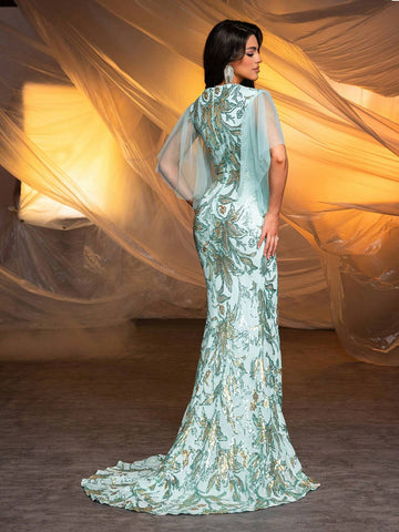 Elegant Mint Green Gorgeous Positioning Sequins V-Neck Mesh Splicing Irregular Ruffle Bat Sleeve High Waist Slim Long Trailing Fishtail Dating Bachelorette Party Wedding Event Heavy Duty Dinner Gowns