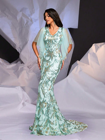 Elegant Mint Green Gorgeous Positioning Sequins V-Neck Mesh Splicing Irregular Ruffle Bat Sleeve High Waist Slim Long Trailing Fishtail Dating Bachelorette Party Wedding Event Heavy Duty Dinner Gowns