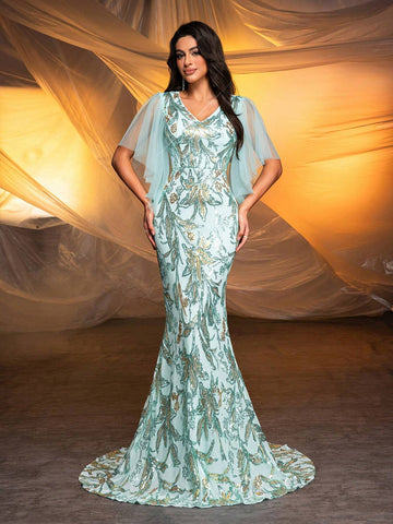 Elegant Mint Green Gorgeous Positioning Sequins V-Neck Mesh Splicing Irregular Ruffle Bat Sleeve High Waist Slim Long Trailing Fishtail Dating Bachelorette Party Wedding Event Heavy Duty Dinner Gowns