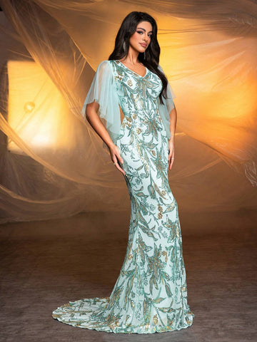 Elegant Mint Green Gorgeous Positioning Sequins V-Neck Mesh Splicing Irregular Ruffle Bat Sleeve High Waist Slim Long Trailing Fishtail Dating Bachelorette Party Wedding Event Heavy Duty Dinner Gowns