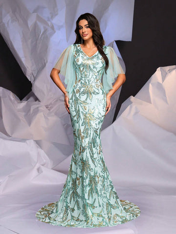 Elegant Mint Green Gorgeous Positioning Sequins V-Neck Mesh Splicing Irregular Ruffle Bat Sleeve High Waist Slim Long Trailing Fishtail Dating Bachelorette Party Wedding Event Heavy Duty Dinner Gowns