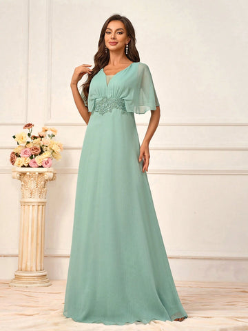 Elegant, Modest And Simple Women's Chiffon Dress In Grass Green Color,  Music Festivals, Graduation Season, Mother's Day And Other Formal Occasions. Available In Standard Size And Perfect As Bridesmaid Dress.