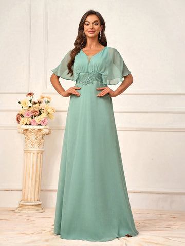 Elegant, Modest And Simple Women's Chiffon Dress In Grass Green Color,  Music Festivals, Graduation Season, Mother's Day And Other Formal Occasions. Available In Standard Size And Perfect As Bridesmaid Dress.