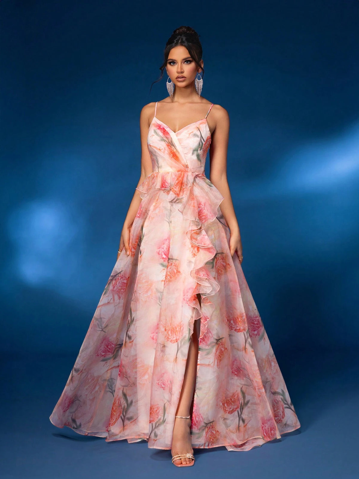 Elegant Multi-Color Halter Mesh Romantic Floral Irregular Ruffle A Hem High Split Back Adjustable Strap Dating Bachelorette Party Wedding Event Heavy Duty Dinner Dresses