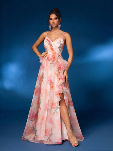 Elegant Multi-Color Halter Mesh Romantic Floral Irregular Ruffle A Hem High Split Back Adjustable Strap Dating Bachelorette Party Wedding Event Heavy Duty Dinner Dresses