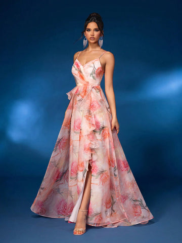 Elegant Multi-Color Halter Mesh Romantic Floral Irregular Ruffle A Hem High Split Back Adjustable Strap Dating Bachelorette Party Wedding Event Heavy Duty Dinner Dresses