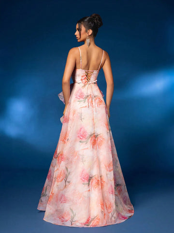 Elegant Multi-Color Halter Mesh Romantic Floral Irregular Ruffle A Hem High Split Back Adjustable Strap Dating Bachelorette Party Wedding Event Heavy Duty Dinner Dresses