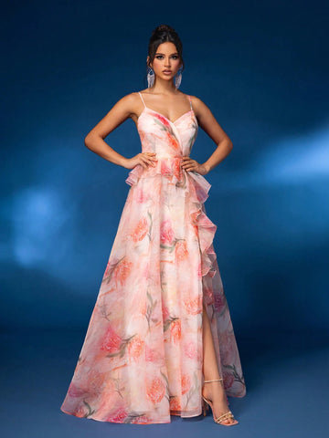 Elegant Multi-Color Halter Mesh Romantic Floral Irregular Ruffle A Hem High Split Back Adjustable Strap Dating Bachelorette Party Wedding Event Heavy Duty Dinner Dresses