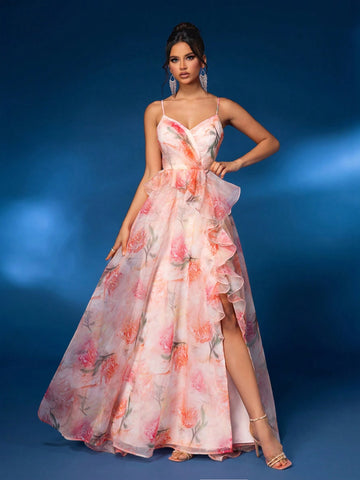 Elegant Multi-Color Halter Mesh Romantic Floral Irregular Ruffle A Hem High Split Back Adjustable Strap Dating Bachelorette Party Wedding Event Heavy Duty Dinner Dresses