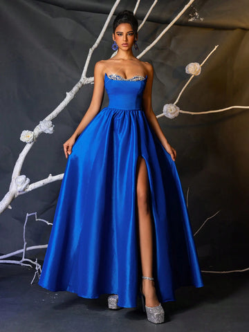 Elegant Navy Blue Asymmetric Bustier Handcrafted Rhinestone Chain Decor Boned Bodice High Waist Slim Fit Side High Slit A-Line Adjustable Tie Back Formal Evening Gown