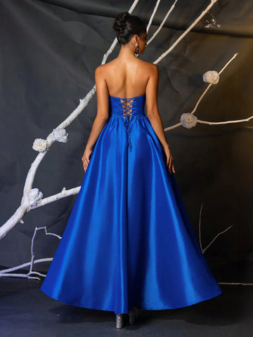 Elegant Navy Blue Asymmetric Bustier Handcrafted Rhinestone Chain Decor Boned Bodice High Waist Slim Fit Side High Slit A-Line Adjustable Tie Back Formal Evening Gown