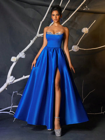 Elegant Navy Blue Asymmetric Bustier Handcrafted Rhinestone Chain Decor Boned Bodice High Waist Slim Fit Side High Slit A-Line Adjustable Tie Back Formal Evening Gown