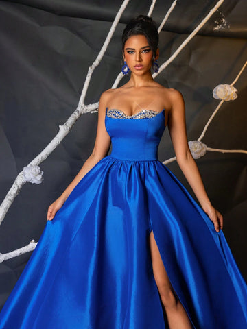 Elegant Navy Blue Asymmetric Bustier Handcrafted Rhinestone Chain Decor Boned Bodice High Waist Slim Fit Side High Slit A-Line Adjustable Tie Back Formal Evening Gown