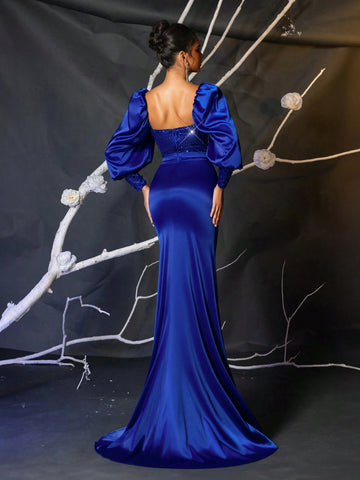 Elegant Navy Blue Lantern Sleeve Sheer Mesh Deep V-Neck Sequin Splice Belted Side High Slit Mermaid Hem Ankle-Length Dress For Weddings, Formal Occasions