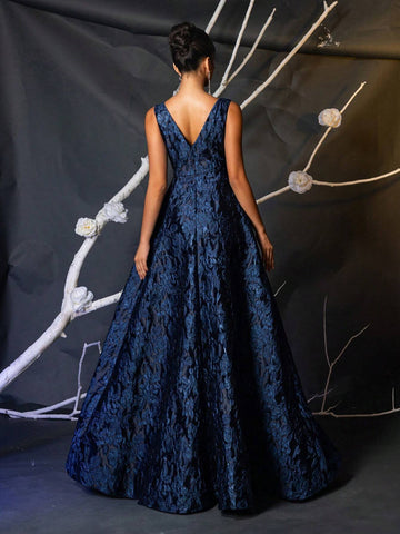 Elegant Navy Blue Luxurious 3D Jacquard V-Neck High Waist Slimming Mermaid Maxi Dress With Oversized Sequins, Multipurpose For Dating, Party, Wedding, Formal Events