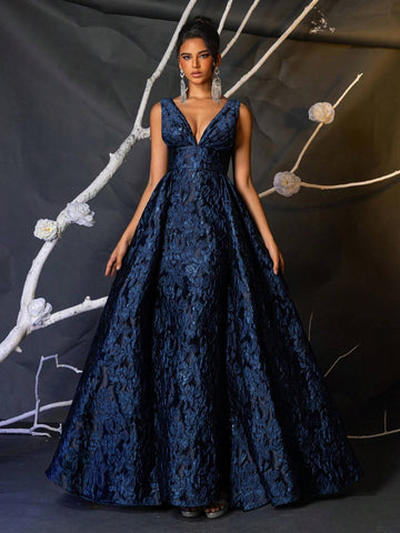 Elegant Navy Blue Luxurious 3D Jacquard V-Neck High Waist Slimming Mermaid Maxi Dress With Oversized Sequins, Multipurpose For Dating, Party, Wedding, Formal Events