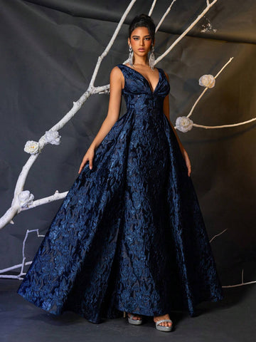 Elegant Navy Blue Luxurious 3D Jacquard V-Neck High Waist Slimming Mermaid Maxi Dress With Oversized Sequins, Multipurpose For Dating, Party, Wedding, Formal Events