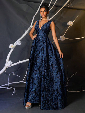 Elegant Navy Blue Luxurious 3D Jacquard V-Neck High Waist Slimming Mermaid Maxi Dress With Oversized Sequins, Multipurpose For Dating, Party, Wedding, Formal Events