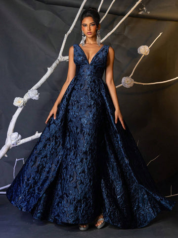 Elegant Navy Blue Luxurious 3D Jacquard V-Neck High Waist Slimming Mermaid Maxi Dress With Oversized Sequins, Multipurpose For Dating, Party, Wedding, Formal Events