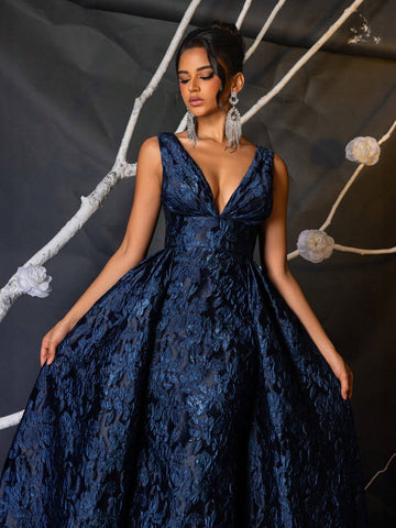 Elegant Navy Blue Luxurious 3D Jacquard V-Neck High Waist Slimming Mermaid Maxi Dress With Oversized Sequins, Multipurpose For Dating, Party, Wedding, Formal Events