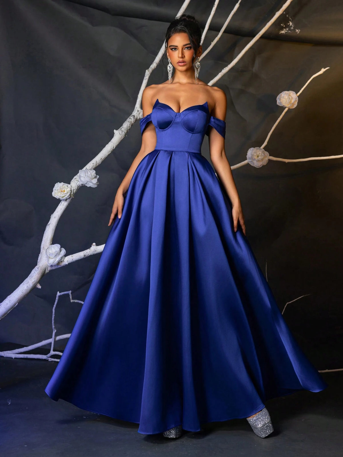 Elegant Navy Blue Off-Shoulder Boned Bodice High Waist Voluminous Dress Adjustable Tie Back Cocktail Party Wedding Guest Formal Gown