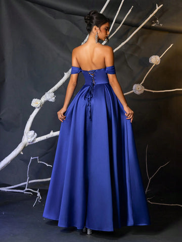 Elegant Navy Blue Off-Shoulder Boned Bodice High Waist Voluminous Dress Adjustable Tie Back Cocktail Party Wedding Guest Formal Gown