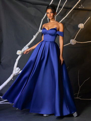 Elegant Navy Blue Off-Shoulder Boned Bodice High Waist Voluminous Dress Adjustable Tie Back Cocktail Party Wedding Guest Formal Gown