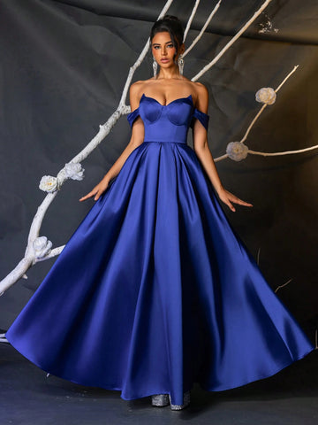 Elegant Navy Blue Off-Shoulder Boned Bodice High Waist Voluminous Dress Adjustable Tie Back Cocktail Party Wedding Guest Formal Gown