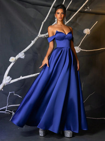 Elegant Navy Blue Off-Shoulder Boned Bodice High Waist Voluminous Dress Adjustable Tie Back Cocktail Party Wedding Guest Formal Gown