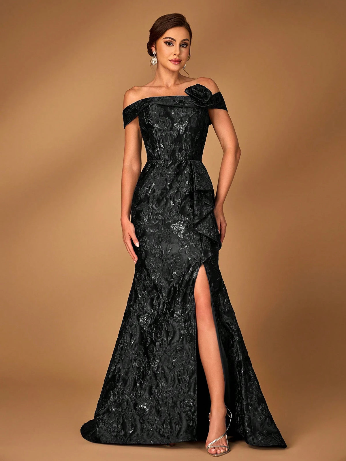 Elegant Navy Blue Off Shoulder Jacquard Satin Ruched 3D Floral Split Fishtail Dress, Suitable For Wedding Events, Bachelorette Party, Vacation, Ball, Bridal Mother Dress