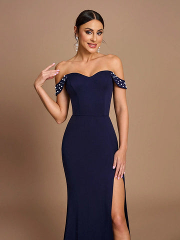 Elegant Navy Blue Satin Off Shoulder Bodycon High Split Fishtail Bridesmaid Dress