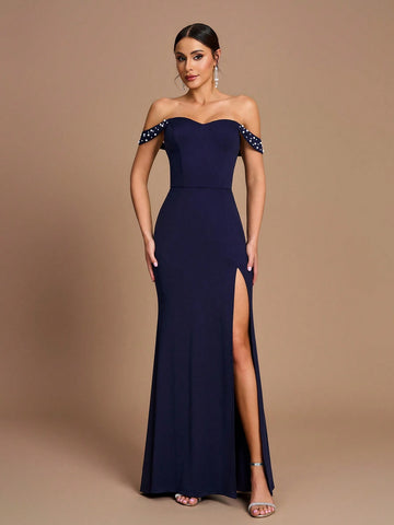 Elegant Navy Blue Satin Off Shoulder Bodycon High Split Fishtail Bridesmaid Dress