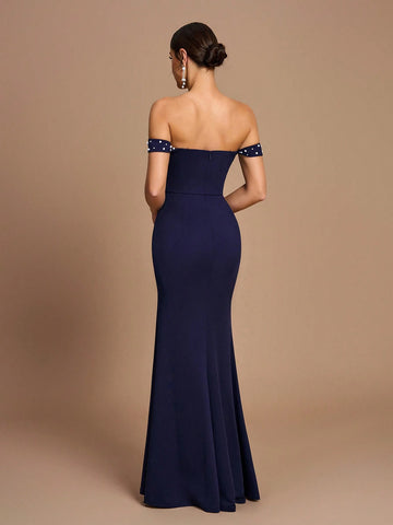Elegant Navy Blue Satin Off Shoulder Bodycon High Split Fishtail Bridesmaid Dress