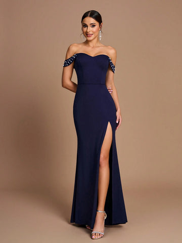 Elegant Navy Blue Satin Off Shoulder Bodycon High Split Fishtail Bridesmaid Dress