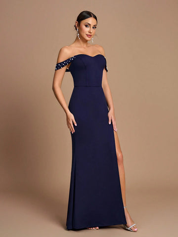 Elegant Navy Blue Satin Off Shoulder Bodycon High Split Fishtail Bridesmaid Dress