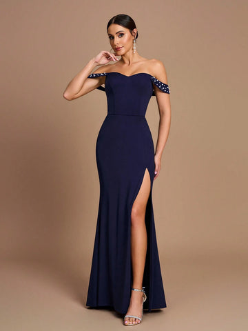 Elegant Navy Blue Satin Off Shoulder Bodycon High Split Fishtail Bridesmaid Dress