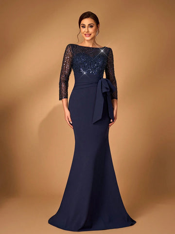 Elegant Navy Blue Sheer Long Sleeve Bead & Sequin Patchwork Elastic Waist Ruffle Bow Design Fishtail Mermaid Dress With Train, For Wedding Mother Bride