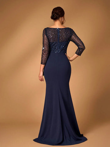 Elegant Navy Blue Sheer Long Sleeve Bead & Sequin Patchwork Elastic Waist Ruffle Bow Design Fishtail Mermaid Dress With Train, For Wedding Mother Bride