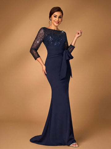 Elegant Navy Blue Sheer Long Sleeve Bead & Sequin Patchwork Elastic Waist Ruffle Bow Design Fishtail Mermaid Dress With Train, For Wedding Mother Bride