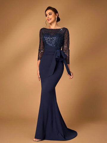 Elegant Navy Blue Sheer Long Sleeve Bead & Sequin Patchwork Elastic Waist Ruffle Bow Design Fishtail Mermaid Dress With Train, For Wedding Mother Bride