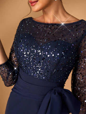 Elegant Navy Blue Sheer Long Sleeve Bead & Sequin Patchwork Elastic Waist Ruffle Bow Design Fishtail Mermaid Dress With Train, For Wedding Mother Bride