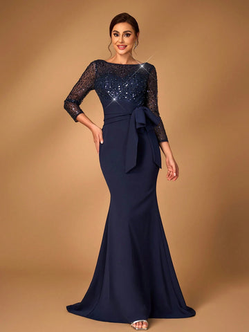 Elegant Navy Blue Sheer Long Sleeve Bead & Sequin Patchwork Elastic Waist Ruffle Bow Design Fishtail Mermaid Dress With Train, For Wedding Mother Bride