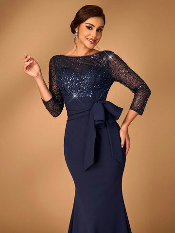 Elegant Navy Blue Sheer Long Sleeve Bead & Sequin Patchwork Elastic Waist Ruffle Bow Design Fishtail Mermaid Dress With Train, For Wedding Mother Bride