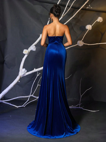 Elegant Navy Blue Velvet Panel Sequin Embellished Boned Rhinestone Chain Decor High Waist Slimming Mermaid High Slit Floor Length Gown For Prom, Wedding, Party