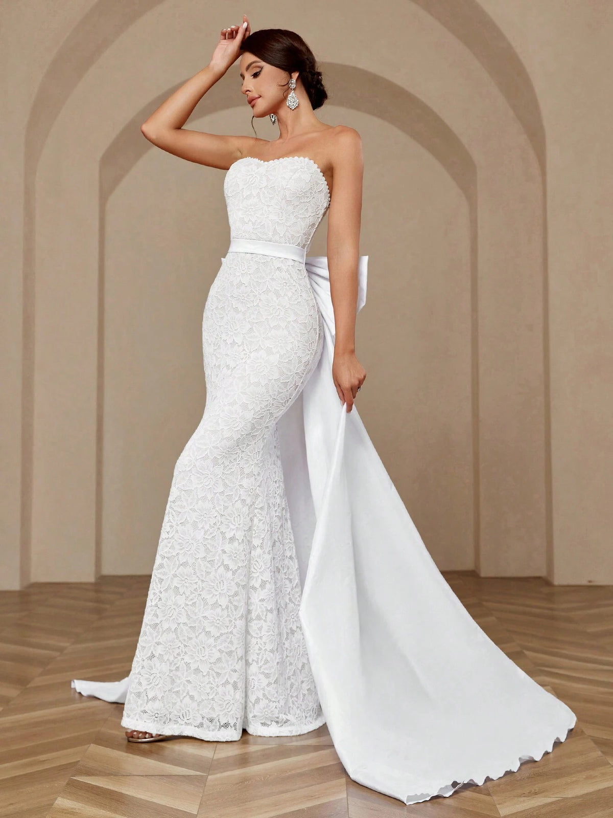 Elegant, Noble, Simple And Atmospheric White Sexy Stretch Lace Glossy Satin Exaggerated Double Layer Three-Dimensional Ruffled Sleeves Large Backless Detachable Large Bow Extra Large Hem Trailing Wedding Dress