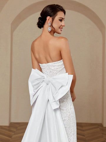 Elegant, Noble, Simple And Atmospheric White Sexy Stretch Lace Glossy Satin Exaggerated Double Layer Three-Dimensional Ruffled Sleeves Large Backless Detachable Large Bow Extra Large Hem Trailing Wedding Dress