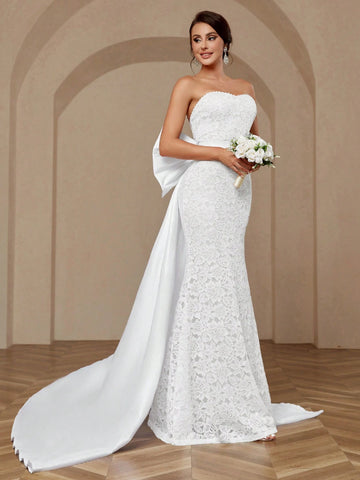 Elegant, Noble, Simple And Atmospheric White Sexy Stretch Lace Glossy Satin Exaggerated Double Layer Three-Dimensional Ruffled Sleeves Large Backless Detachable Large Bow Extra Large Hem Trailing Wedding Dress